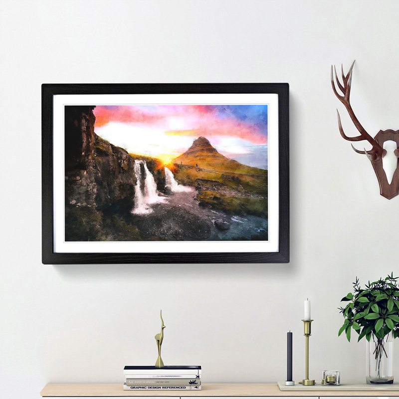 Kirkjufell Waterfalls and Mountain - Picture Frame Painting Print, Black Framed, 62cm H x 87cm W x 2cm D