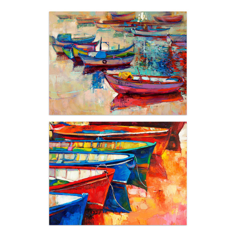 Vietnam Fisherman Rowing Boats 2-Piece Set Unframed Wall Art Prints Kitchen Bathroom Aesthetic Oil Paintings