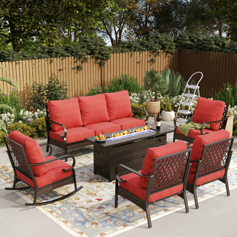 7 Person Outdoor Patio Seating Set With 2 Rocking Lounge Chairs & Fire Pit Table, Black/Red/Black