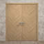 Natural oak French double doors with a chevron wood grain pattern and brushed metal lever handles.