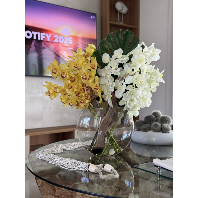 Moon Vase With Yellow Cymbidiums And White Vandas, Yellow