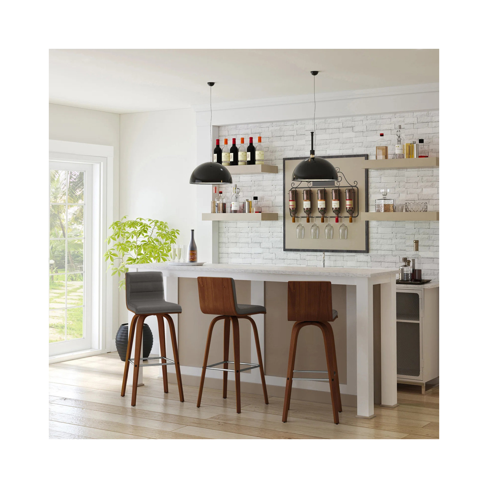 Biance Solid Wood Swivel Bar & Counter Stool, Gray Faux Leather, Bar Stool (30" Seat Height), Walnut