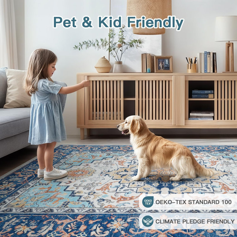 5'x7' Washable Area Rugs Vintage Faux-Wool Boho Carpet for Living Room ,Floral Blue, Rectangle 5' x 7'