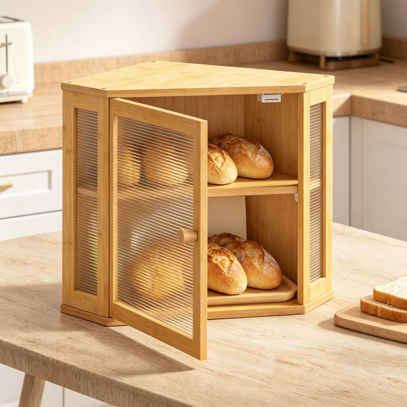 Boîte à pain en bambou pour comptoir de cuisine, rangement à pain en bois à 2 niveaux avec porte en verre acrylique, Yellow