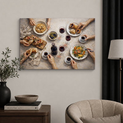 Top View Brunch Table With Pasta Wine Coffee And Pastries Artwork, Dining Room Pictures, Framed Canvas Giclee Print Wall Art