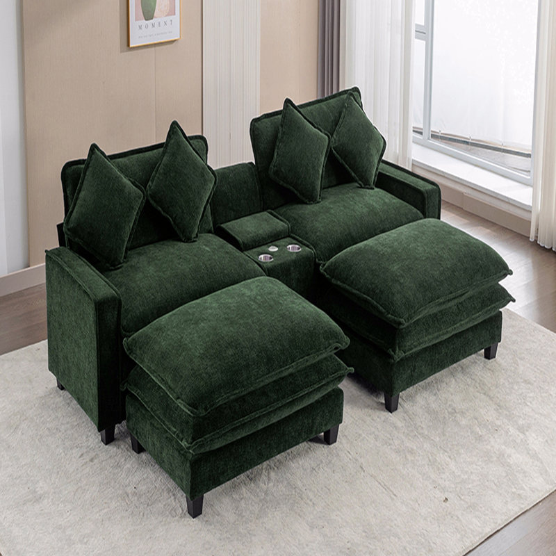 Basic Sectional Sofa, 111"  Sofa Chenille Upholstered Sofa With Two Removable Ottoman, Two Usb Ports, Two Cup Holders And Large Storage Box