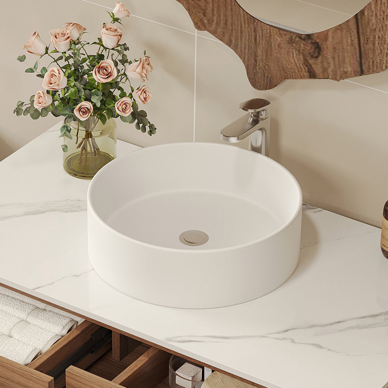 13.78" Round White Ceramic Vessel Bathroom Sink, Modern Above-Counter Vanity Basin with 1.75" Drain Opening
