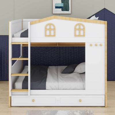 Lit superposé House avec tablettes de rangement et 2 tiroirs, lit superposé avec garde-corps en forme de maison et crochets intégrés