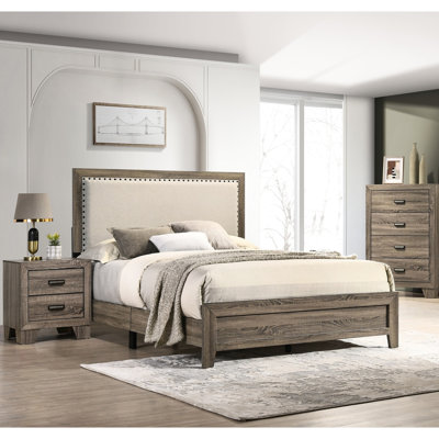 Élégant grand lit tapissier gris avec cadre en bois massif et placages magnifiques