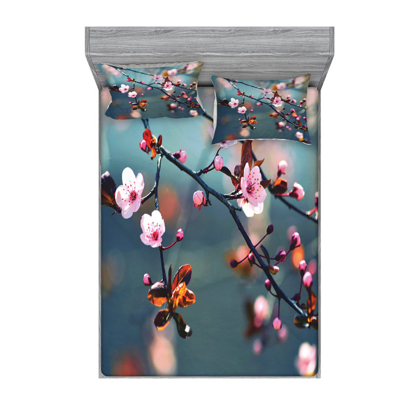 Ensemble de draps japonais fleurs de cerisier en fleurs, Ensemble de draps pour lit double avec un drap-hou