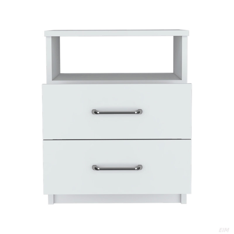 Table de chevet, deux tiroirs, une tablette, finition blanche