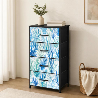 Commode 4 tiroirs pour chambre à coucher Bleu vert algue Botanique Aquarelle Inspirée de l'océan Plante côtière Petite grande commode à vêtements pour organisateurs de placard avec commode