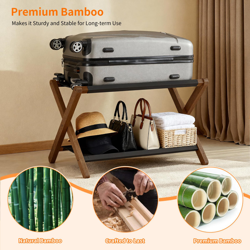 Porte-valise avec tablette de rangement, porte-bagage avec 5 sangles en nylon pour chambre d'hôtel, noyer