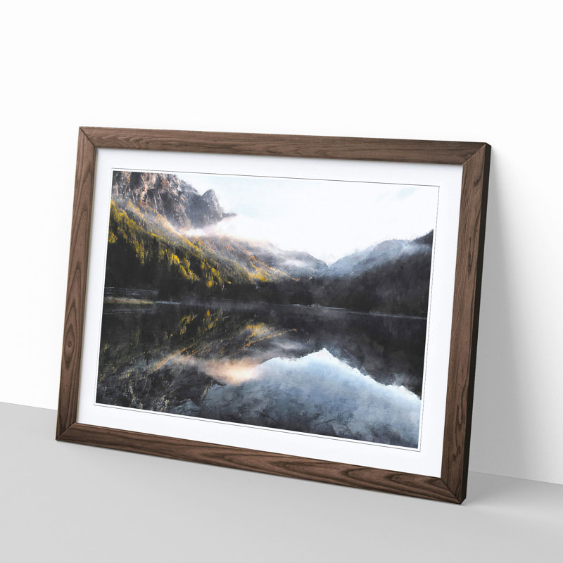 Antholzer See Lake Reflection - Single Picture Frame Painting on MDF, 35cm H x 50cm W x 2cm D, Walnut