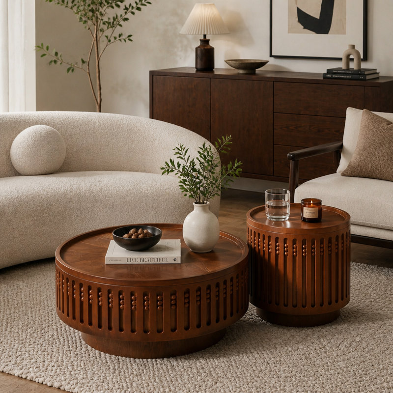Table basse d'appoint en bois à motif de treillis rond avec rangement Hiddern, 31.30"+18.9"