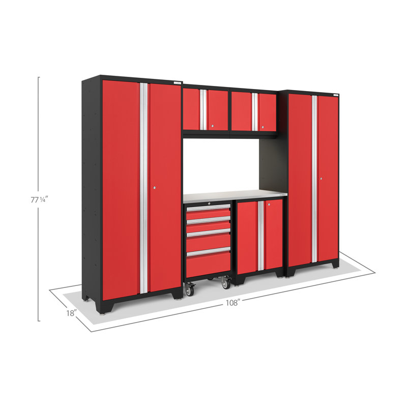 Armoires de rangement 7 pièces Bold Series, Rouge, Acier inoxydable, Lumière DEL