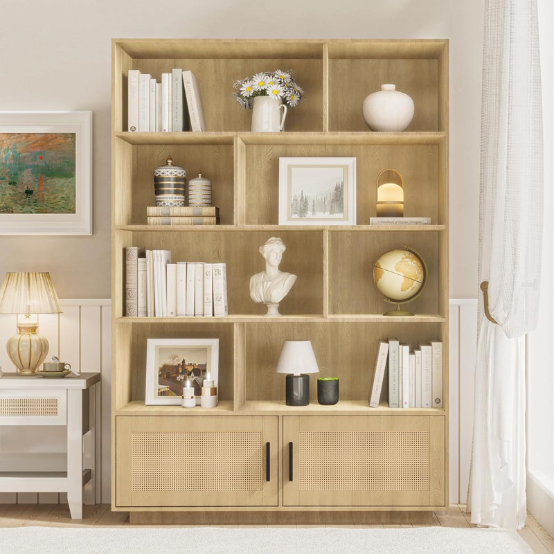 Bibliothèque à 5 niveaux avec portes en rotin, bibliothèque en bois et bibliothèque avec rangement