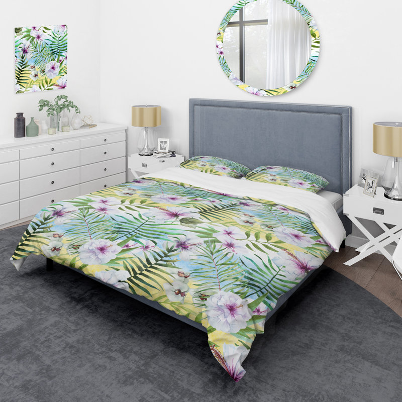 Ensemble de housse de couette rétro fleur et vert - Polyester en microfibre