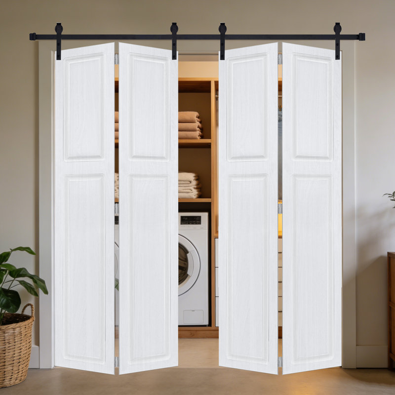 Doubel à 2 panneaux 80 po x 48 po Doubel Porte de grange coulissante en panneau de fibres à densité moyenne noyer blanc avec ensemble de quincaillerie