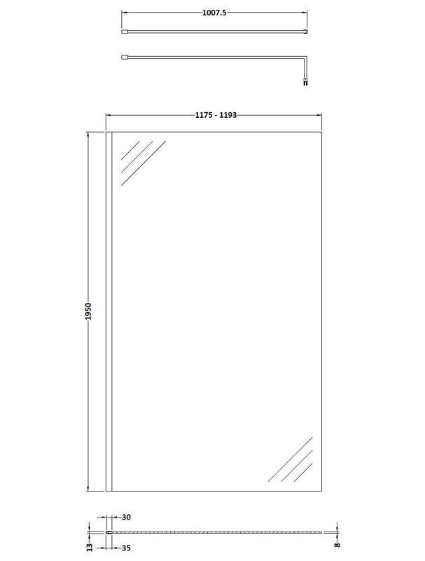 nuie 1200mm Brushed Brass Wetroom Screen With Support Bar