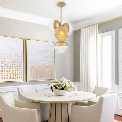 4-Light Modern Globe Cluster Pendant, Mid-Century Gold Chandelier with Ribbed Glass, Convertible Adjustable Semi-Flush Mount Ceiling Light
