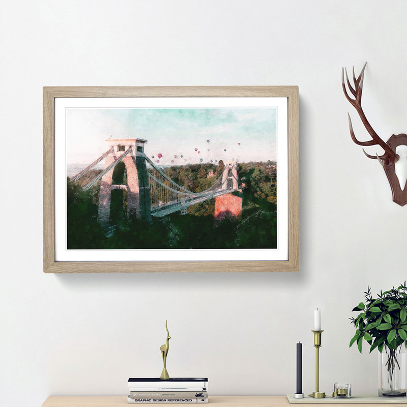 Clifton Suspension Bridge in Bristol - Picture Frame Graphic Art Print on MDF, 33cm H x 45cm W x 2cm D, Oak Framed