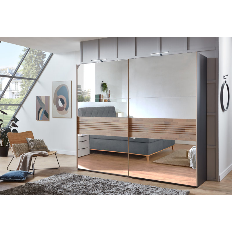 2 Door Manufactured Wood Wardrobe, White/Parasol Solid Oak-, 216cm H x 250cm W x 65cm D