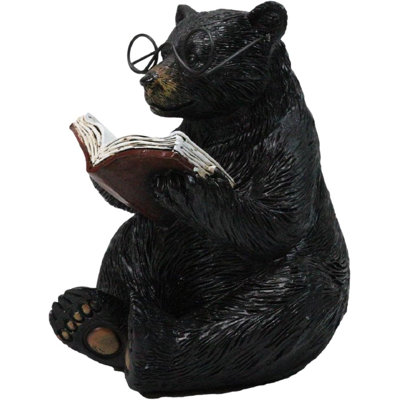 Rustic Forest Western Bookworm Black Bear With Glasses Reading Book Figurine