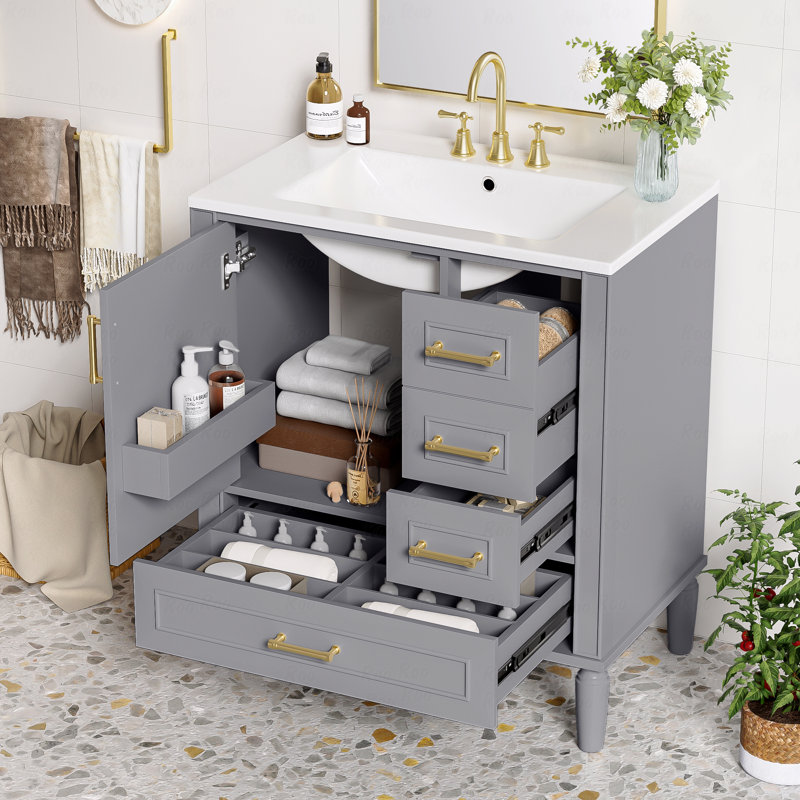 Meuble-lavabo de 30 po avec lavabo en céramique, porte à fermeture en douceur avec tablette intégrée, tiroir profond, tiroir standard, grand tiroir diviseur, grande armoire de rangement