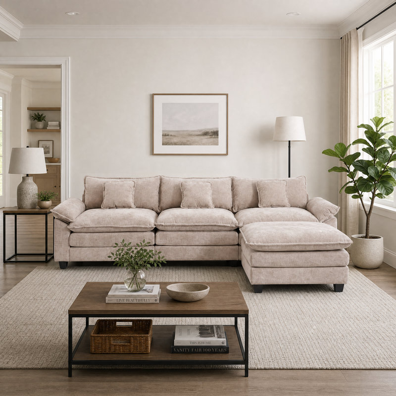 Chenille Upholstered 3-Seater Modular Sectional Cloud Couch with Movable Ottoman, Black