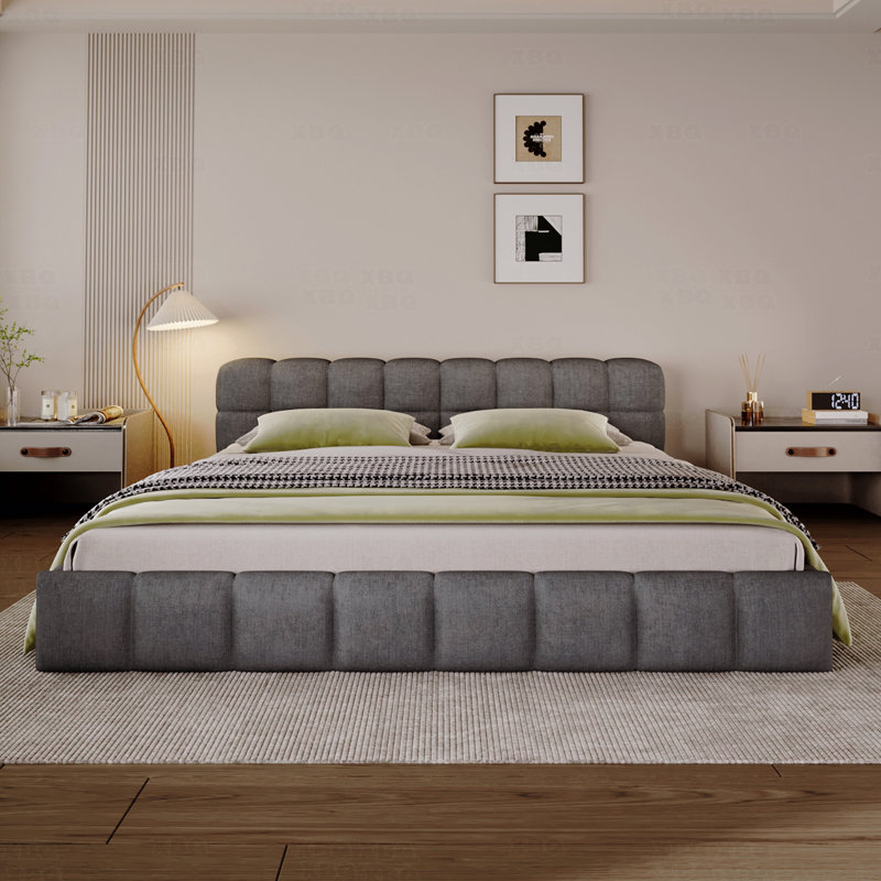 Élégant lit tapissier en chenille avec motif en damier, parfait pour un sommeil luxueux et confortable, Très grand lit