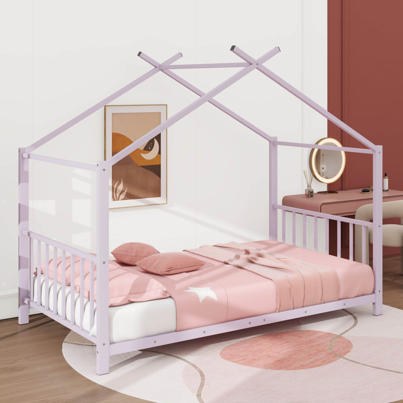 Lit plateforme simple en métal en forme de maison, Rose