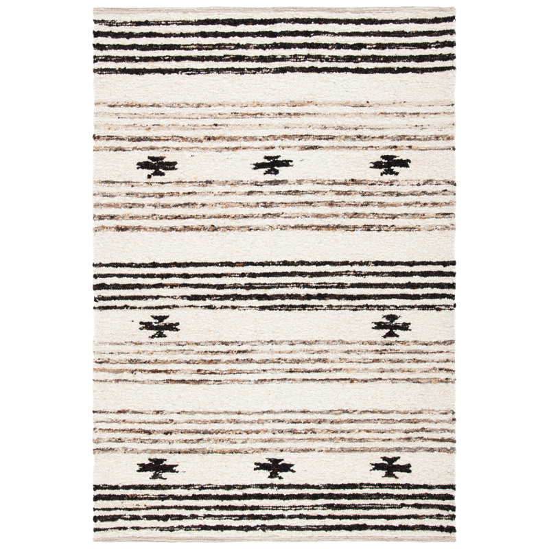 Handmade Black and Ivory Wool Cotton Striped Rug, 5' x 8'