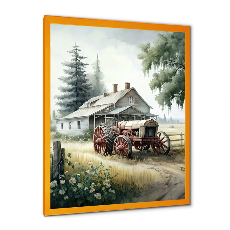 «Tractor at the Barn in Summer I», peinture sur toile, H 32 po x l 16 po x P 1 po, Impression dorée sur toile encadrée