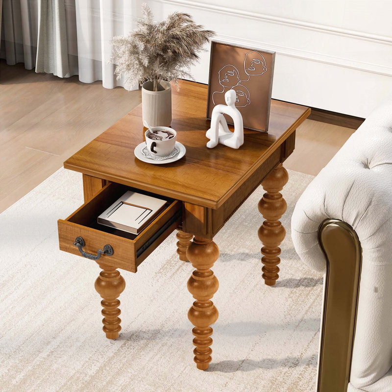 Table de bout en bois massif avec tiroir - Assemblage facile, finition naturelle, Bois naturel