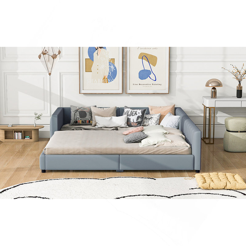 Lit plateforme tapissier grand et simple TG, lit mère et enfant, similicuir, gris