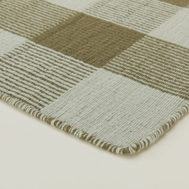 Charliss Gingham Machine Woven Flatweave Shag Wool Area Rug in Olive/Sage, Rectangle 9' x 12'