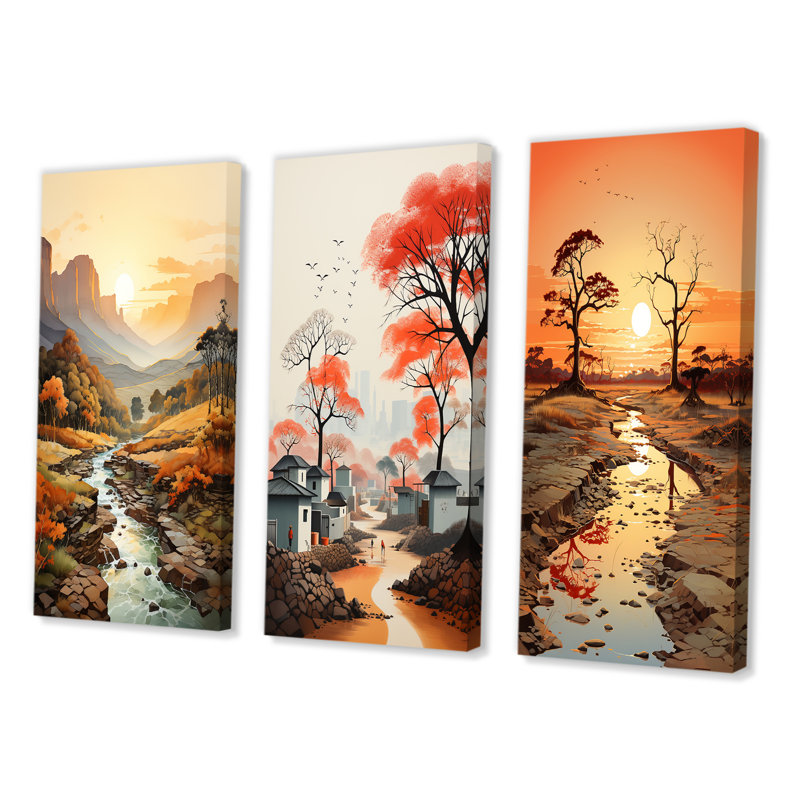 «Orange Beige African Valley», 3 pièces sur toile, Toile tendue, H 20 po x l 36 po