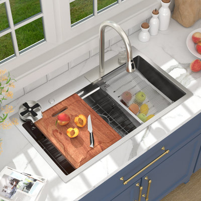 33" L x 19" W Drop-in Waterfall Kitchen Sink 16 Gauge Stainless Steel Workstation Kitchen Sink with Accessories