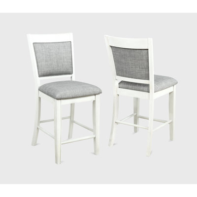Chaises de salle à manger à hauteur de comptoir 2 pièces Bessey - siège et dossier en lin blanc, fabrication en bois avec repose-pieds en lin de conception 2, bois pour usage domestique