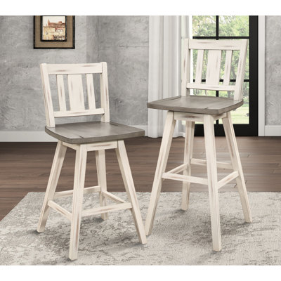 2 chaises à hauteur de comptoir en bois d'hévéa massif et blanc, siège pivotant à 360 ° pour 2 personnes, salle à manger rustique avec pivot à 360 degrés et dossier à lattes verticales