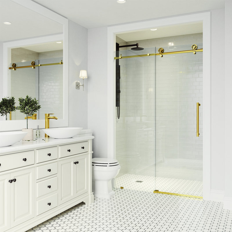 Cass 56-60" W x 76" H Sliding Frameless Shower Door with 3/8" Clear Glass, Matte Brushed Gold