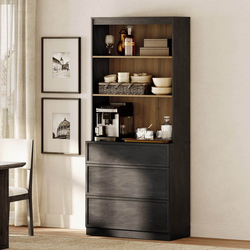 Buffet de 72 po de hauteur et 31,5 po de largeur avec 3 tiroirs et tablettes ouvertes pour la cuisine, Black