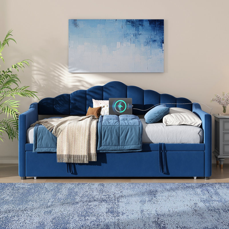 Upholstered Twin Size Daybed With Adjustable Height Pop Up Trundle Twin Bed And USB & Type-C Charging Port, Day Bed Frame With 2 Side Pockets, No Box-Spring Needed, Blue