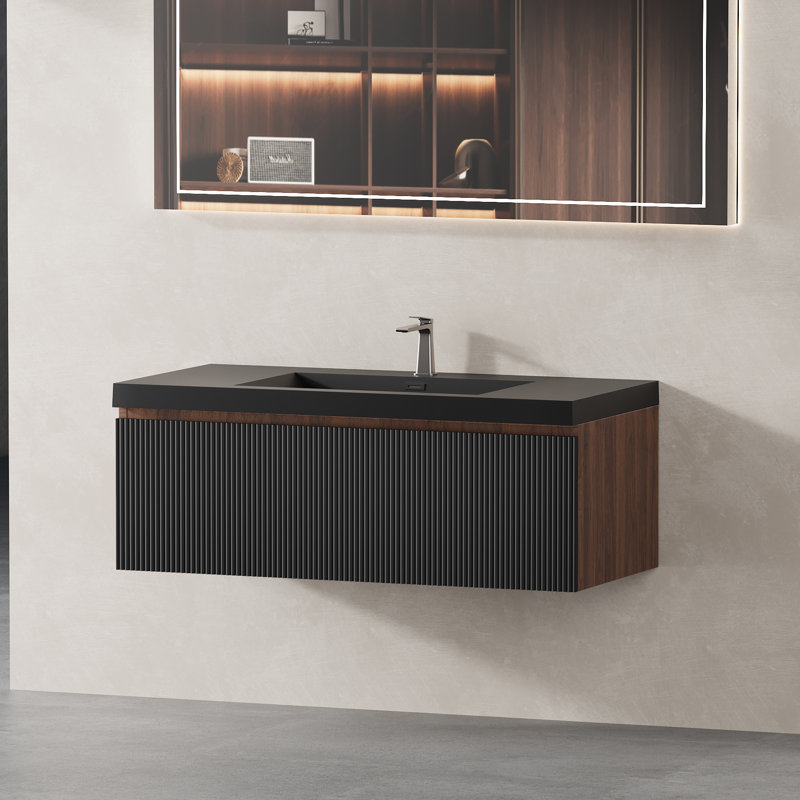 Meuble-lavabo flottant 42 po avec tiroirs à fermeture en douceur, façade texturée et lavabo en quartz noir