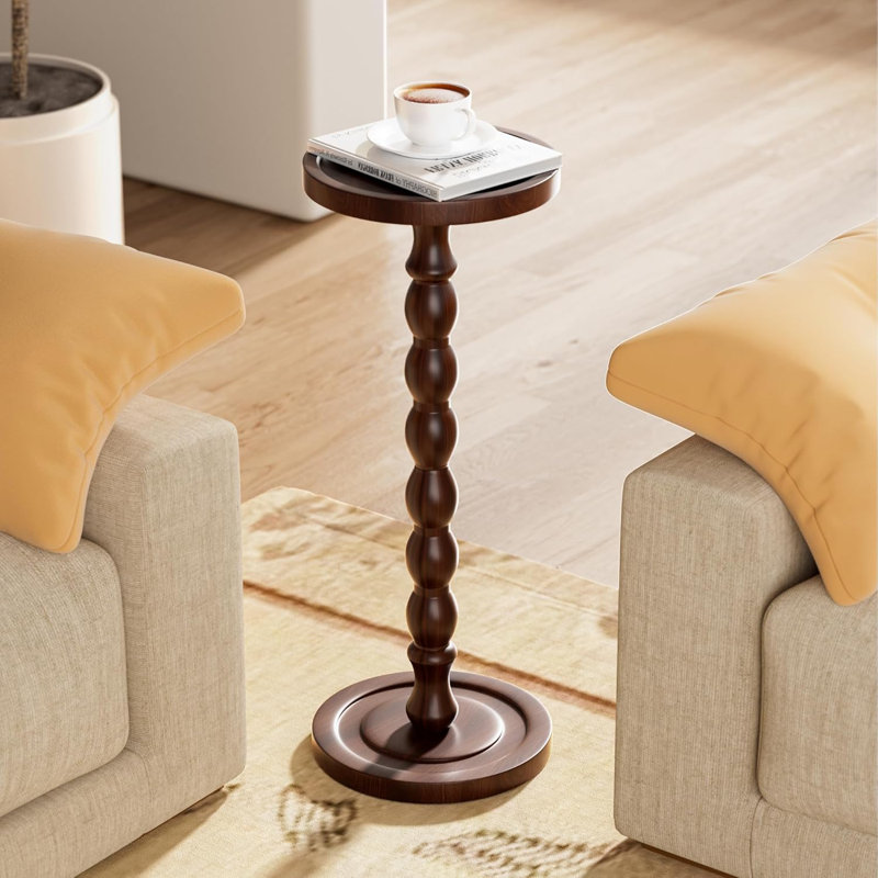 Solid Wood Side Table For Small Spaces, Rubber Wood Round Pedestal End Table For Living Room, Bedroom, Office, Mid-Century Modern Design With Waterproof Finish