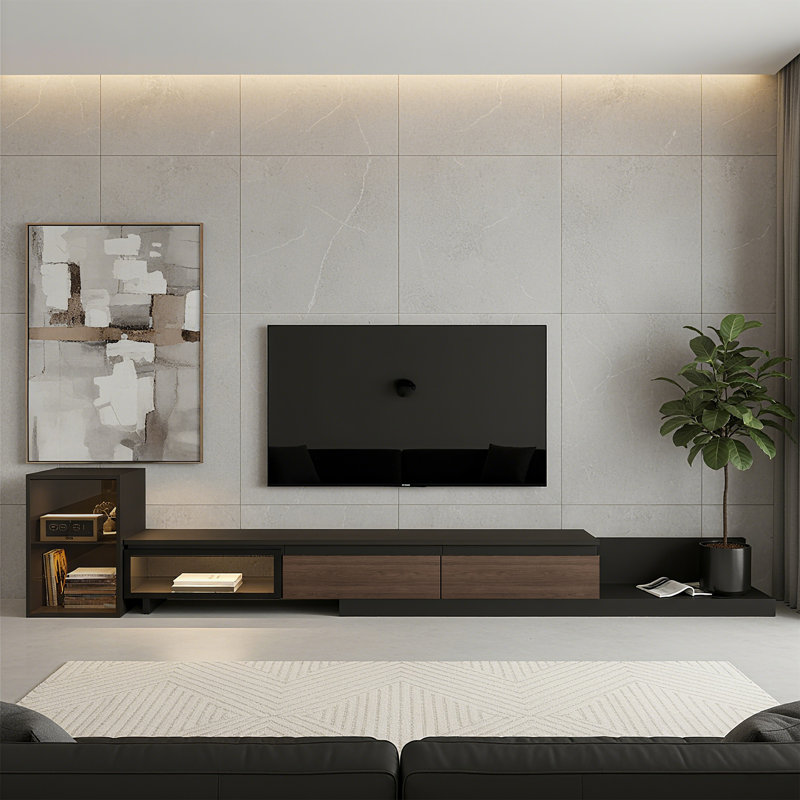Modern Wood TV Stand And Side Cabinet Set With Glass Door – Low-Profile Entertainment Center With Storage Drawers, Open Shelves, And Display Cabinet