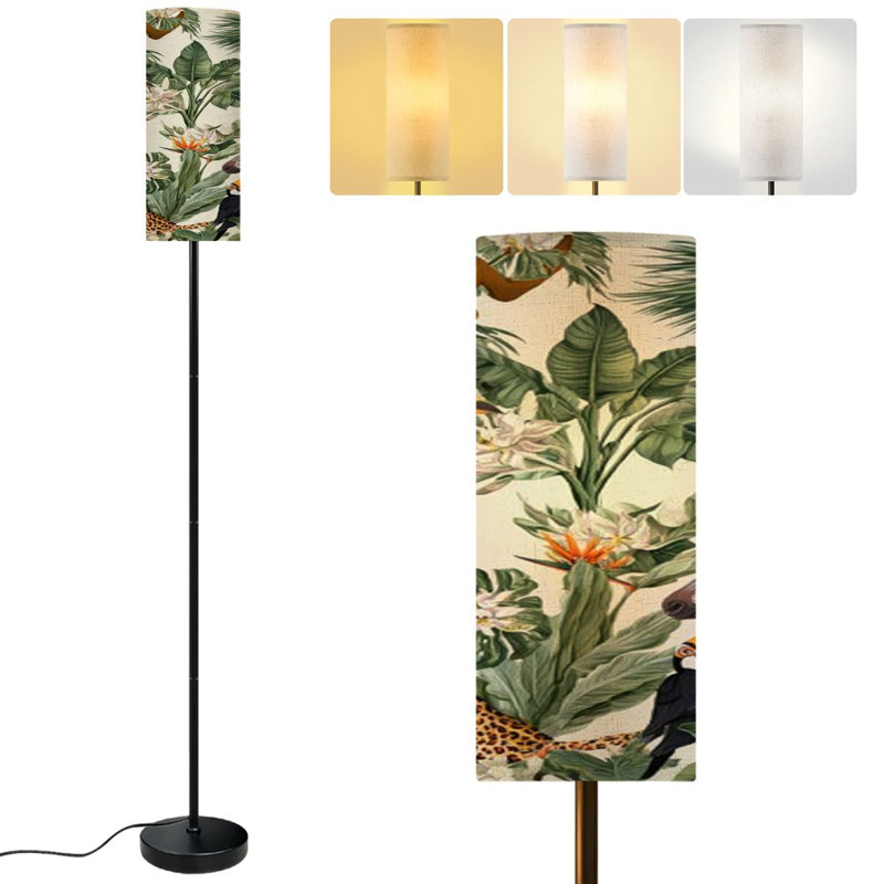  68.5" Standing Floor Lamp Seamless exotic trees animals Dimmable Metal Pole Lamp with Linen Lampshade LED Bulb Included
