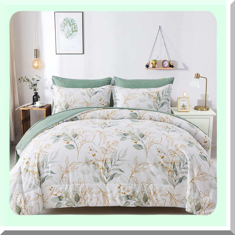 Leafy Dreams 7-Piece Queen Comforter Set - Botanical Bedding in Soft Microfiber with Reversible Design. Includes Comforter, Pillowcases, Shams, Flat Sheet, and Fitted Sheet. Create a cozy oasis with this floral-inspired set!