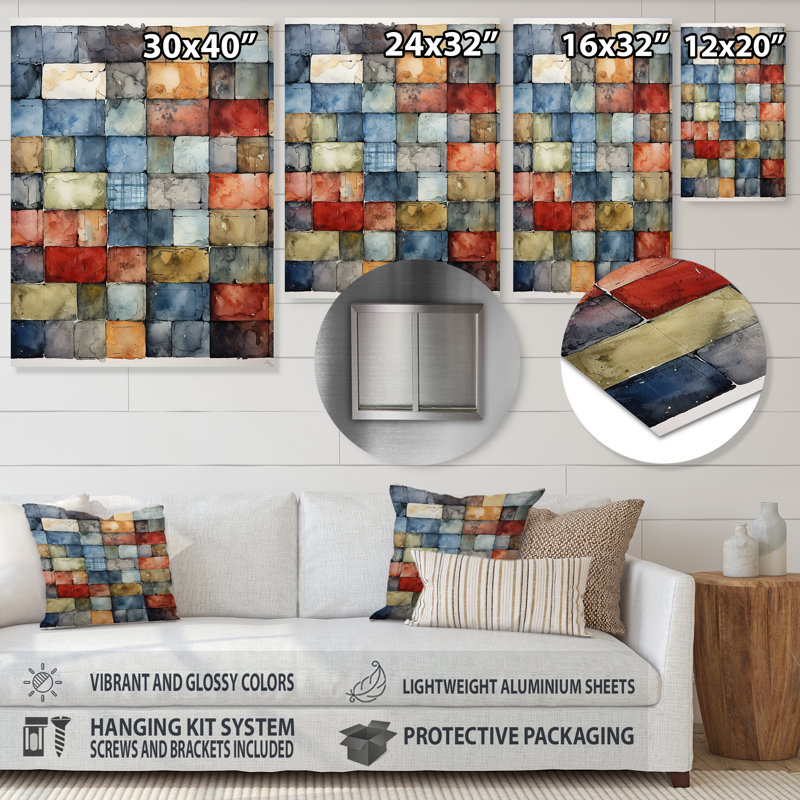 «Colorful Earth Colors Tiles II», art mural en métal abstrait, H 40 po x l 30 po x P 1,5 po